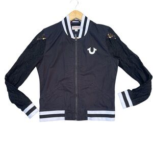 True Religion Black Varsity Jacket with Lace Sleeves World Tour S